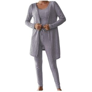 Women's 3-Piece Ribbed Knit Pajamas Set, Open Front Cardigan Size S